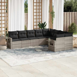 vidaXL 9-delige Loungeset met kussens poly rattan lichtgrijs