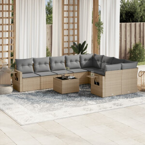 vidaXL 10-delige Loungeset met kussens poly rattan beige