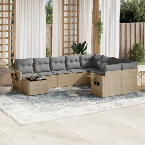 vidaXL 10-delige Loungeset met kussens poly rattan beige