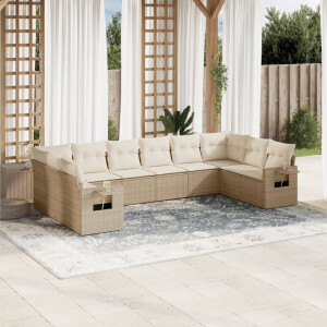 vidaXL 10-delige Loungeset met kussens poly rattan beige