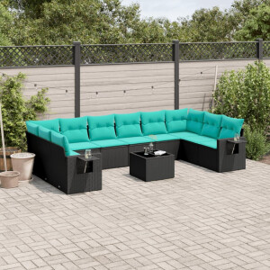 vidaXL 11-delige tuinbankset met kussens, zwart polyrotan