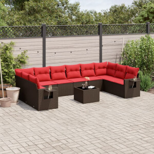 vidaXL 11-delige tuinbankset met kussens, bruin polyrotan