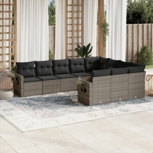 vidaXL 10-delige Loungeset met kussens poly rattan grijs