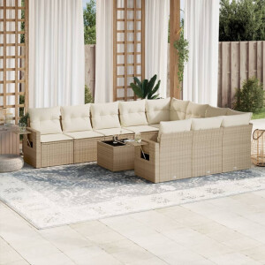 vidaXL 11-delige Tuinset met kussens poly rattan beige