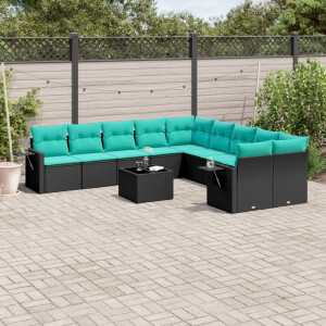 vidaXL 11-delige tuinbankset met kussens, zwart polyrotan