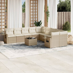 vidaXL 11-delige Tuinset met kussens poly rattan beige