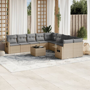 vidaXL 11-delige Tuinset met kussens poly rattan beige