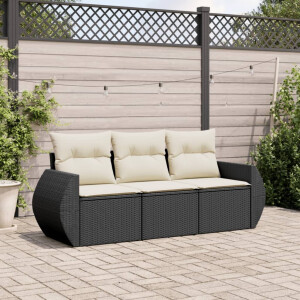 vidaXL 3-delige Loungeset met kussens poly rattan zwart