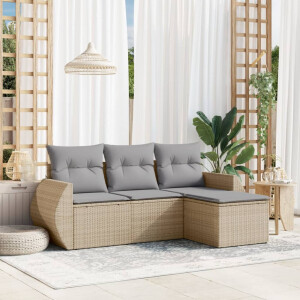 vidaXL 4-delige Loungeset met kussens poly rattan beige