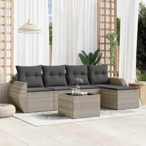 vidaXL 6-delige Loungeset met kussens poly rattan lichtgrijs