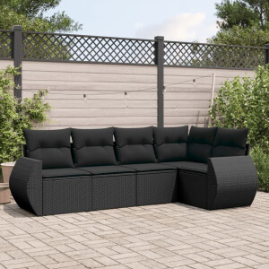 vidaXL 5-delige Loungeset met kussens poly rattan zwart