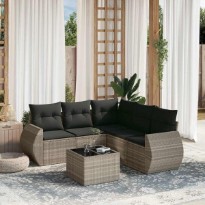 vidaXL 6-delige Loungeset met kussens poly rattan lichtgrijs