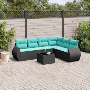 vidaXL 7-delige tuinbankset met kussens van zwart polyrotan
