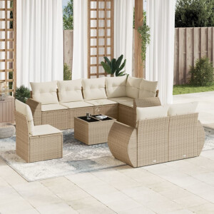 vidaXL 9-delige Loungeset met kussens poly rattan beige