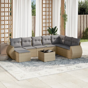 vidaXL 9-delige Loungeset met kussens poly rattan beige