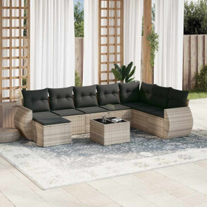 vidaXL 9-delige Loungeset met kussens poly rattan lichtgrijs