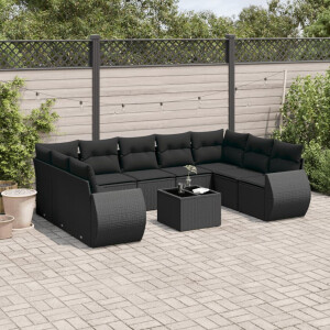 vidaXL 10-delige Loungeset met kussens poly rattan zwart