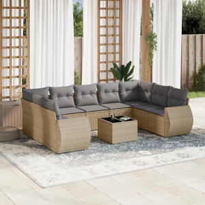vidaXL 10-delige Loungeset met kussens poly rattan beige