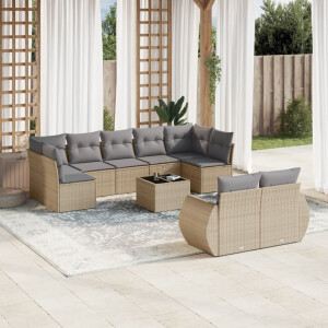vidaXL 10-delige Loungeset met kussens poly rattan beige