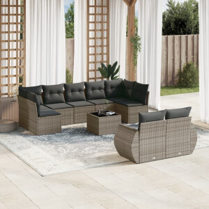 vidaXL 10-delige Loungeset met kussens poly rattan grijs