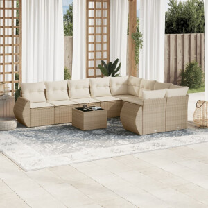 vidaXL 10-delige Loungeset met kussens poly rattan beige