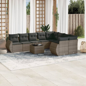 vidaXL 10-delige Loungeset met kussens poly rattan grijs