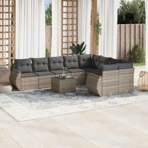 vidaXL 10-delige Loungeset met kussens poly rattan lichtgrijs