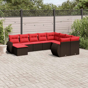 vidaXL 10-delige tuinbankset met kussens, bruin polyrotan
