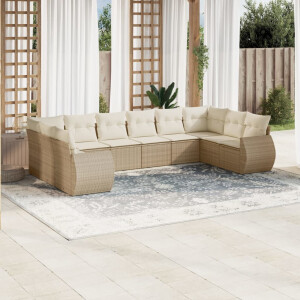 vidaXL 10-delige Loungeset met kussens poly rattan beige