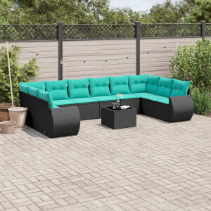 vidaXL 11-delige tuinbankset met kussens, zwart polyrotan