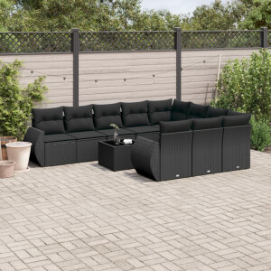 vidaXL 11-delige Loungeset met kussens poly rattan zwart