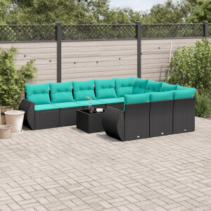 vidaXL 11-delige tuinbankset met kussens, zwart polyrotan