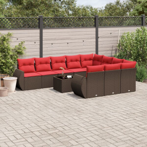 vidaXL 11-delige tuinbankset met kussens, bruin polyrotan