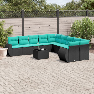 vidaXL 11-delige tuinbankset met kussens, zwart polyrotan