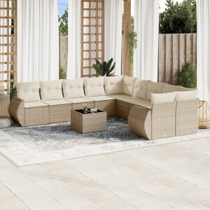 vidaXL 11-delige Tuinset met kussens poly rattan beige