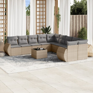 vidaXL 11-delige Tuinset met kussens poly rattan beige