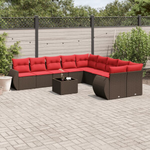vidaXL 11-delige tuinbankset met kussens, bruin polyrotan