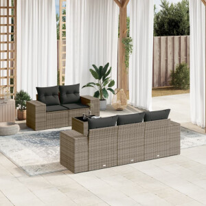 vidaXL 6-delige Loungeset met kussens poly rattan grijs