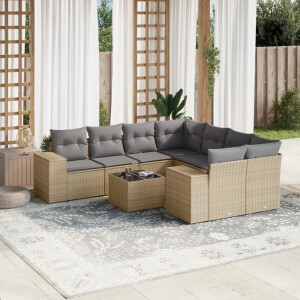 vidaXL 9-delige Loungeset met kussens poly rattan beige