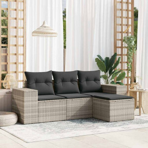 vidaXL 4-delige Loungeset met kussens poly rattan lichtgrijs