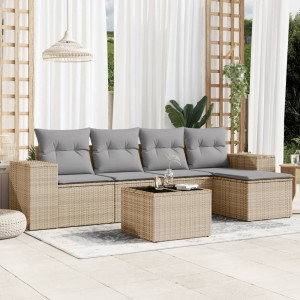 vidaXL 6-delige Loungeset met kussens poly rattan beige