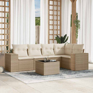 vidaXL 6-delige Loungeset met kussens poly rattan beige