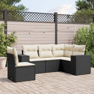 vidaXL 5-delige Loungeset met kussens poly rattan zwart