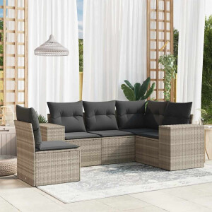 vidaXL 5-delige Loungeset met kussens poly rattan lichtgrijs
