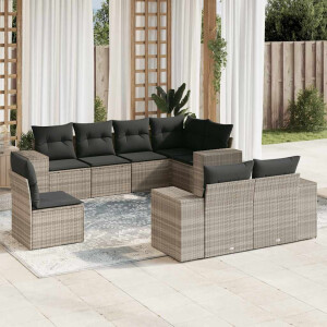 vidaXL 8-delige Loungeset met kussens poly rattan lichtgrijs