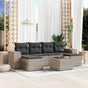 vidaXL 7-delige Loungeset met kussens poly rattan lichtgrijs