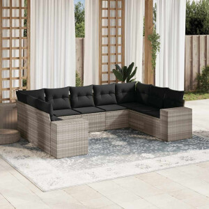 vidaXL 9-delige Loungeset met kussens poly rattan lichtgrijs