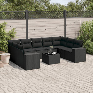 vidaXL 10-delige Loungeset met kussens poly rattan zwart