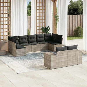 vidaXL 9-delige Loungeset met kussens poly rattan lichtgrijs