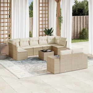vidaXL 10-delige Loungeset met kussens poly rattan beige